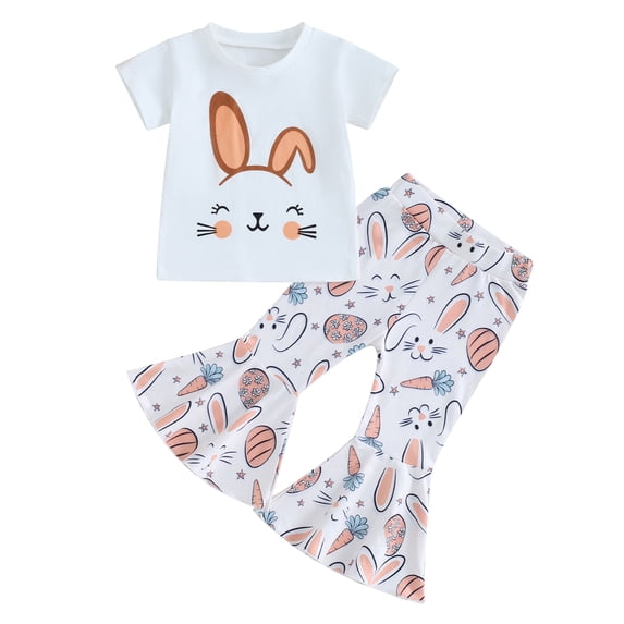 Toddler Baby Girl Easter Outfits Short Sleeve Letter Shirts Bunny Flared Bell Bottom Pants Set Easter Summer Clothes 6M-4T
