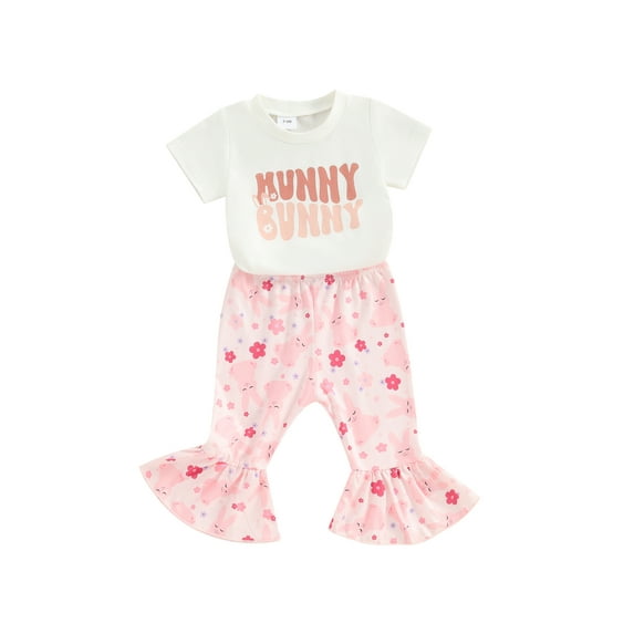 Toddler Baby Girl Easter Outfits Short Sleeve Letter Shirts Bunny Flared Bell Bottom Pants Set Easter Summer Clothes 6M-4T