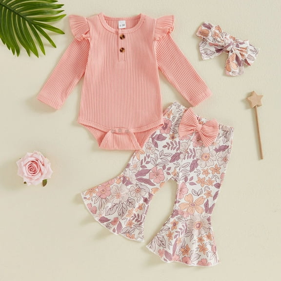 Toddler Baby Girl Fall Clothing Open Buckle Long Sleeve Romper Floral Flared Pants Outfit 𝐈𝐧fant Girls Clothes Set