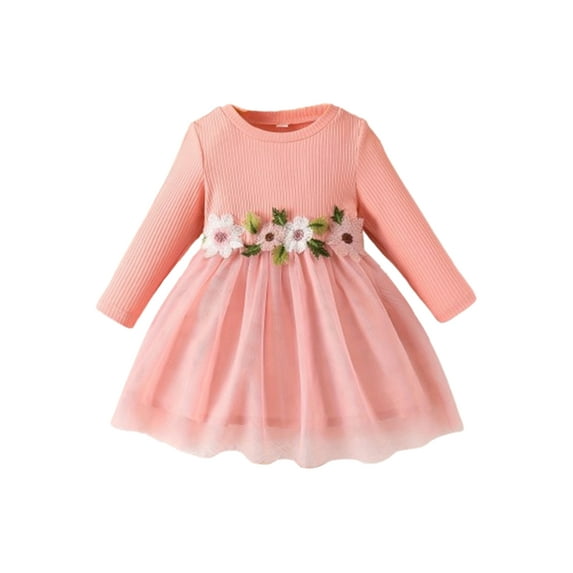 Toddler Baby Girl Fall Sweet Dresses 3 6 9 12 18 24 Months 2T 3T 3D Floral Applique Long Sleeve Crew Neck Ribbed Tulle Patchwork A-Line Dress