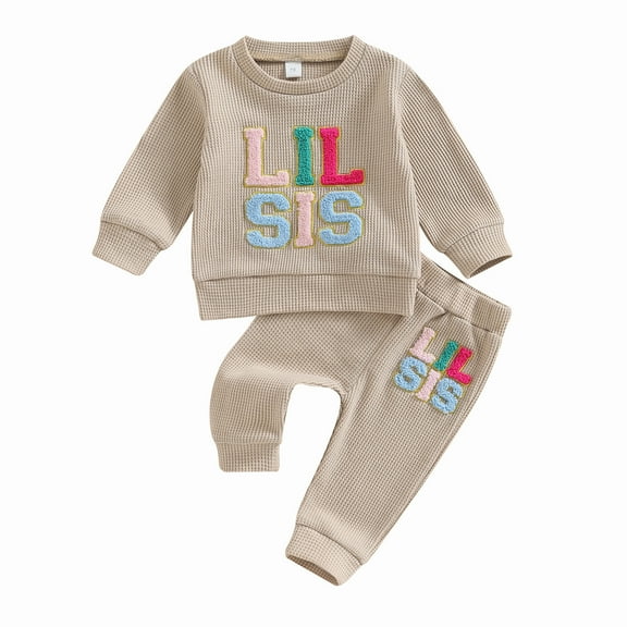 Toddler Baby Girl Fall Winter Clothes 6M 12M 18M 24M Lil/Big Sis Waffle Knit Sweatshirt Tops and Pants Sister Matching Outfits