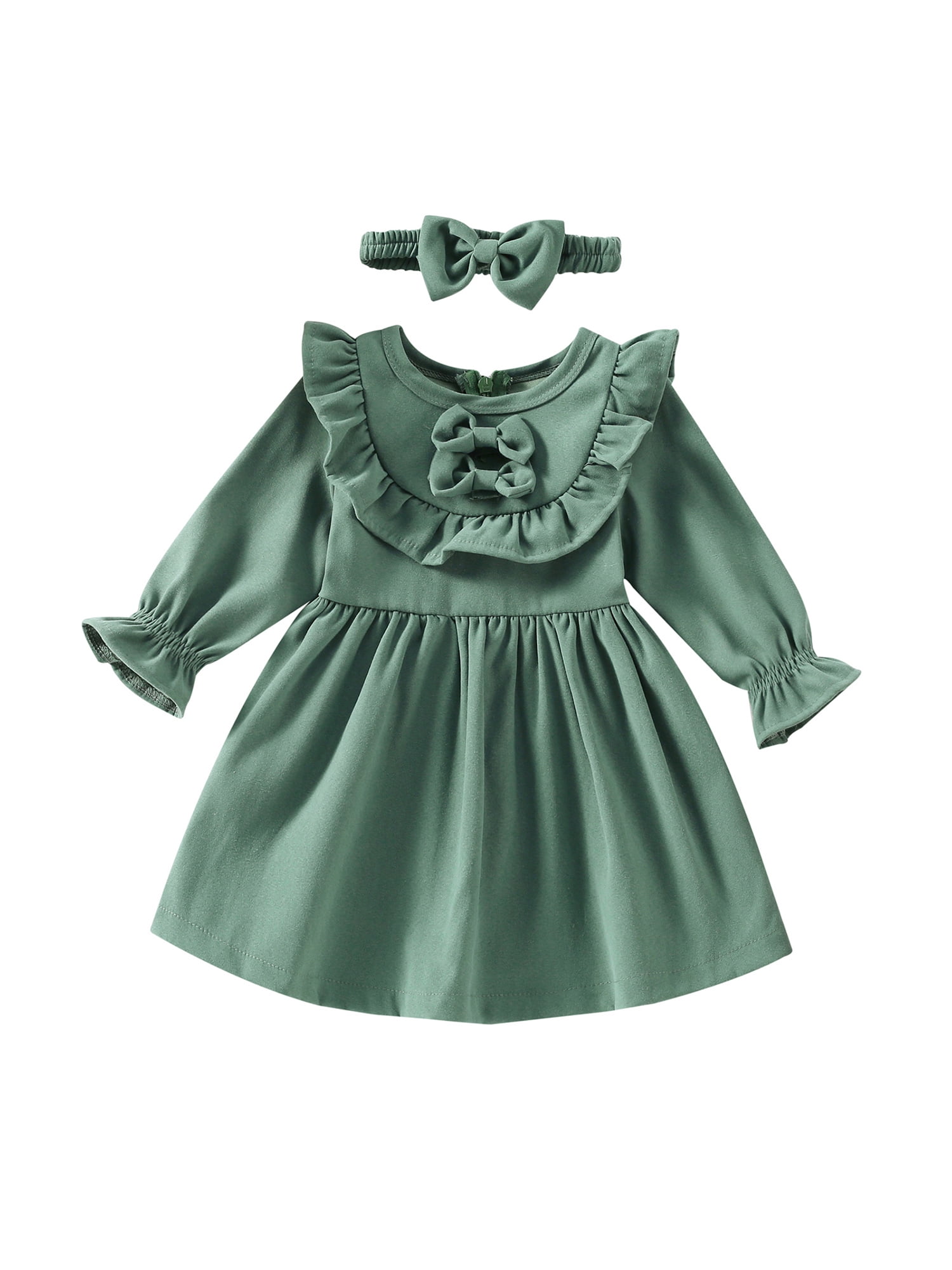 Crepe 2pcs Solid Ruffle and Bow Decor Long-sleeve Baby Set