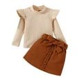 thumbnail image 1 of Toddler Baby Girl Fall Winter Outfit Ribbed Ruffle Long Sleeve Shirt Sweater Button Mini Skirt 13Pcs Cute Bowtie Belt Skirt Set, 1 of 7