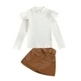 thumbnail image 1 of Toddler Baby Girl Fall Winter Outfit Ribbed Ruffle Long Sleeve Shirt Sweater Button Mini Skirt 2Pcs Cute Bowtie Belt Skirt Set, 1 of 7