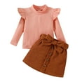 thumbnail image 1 of Toddler Baby Girl Fall Winter Outfit Ribbed Ruffle Long Sleeve Shirt Sweater Button Mini Skirt 9Pcs Cute Bowtie Belt Skirt Set, 1 of 7