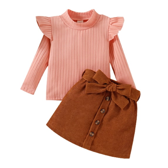 Toddler Baby Girl Fall Winter Outfit Ribbed Ruffle Long Sleeve Shirt Sweater Button Mini Skirt 9Pcs Cute Bowtie Belt Skirt Set