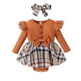 thumbnail image 1 of Toddler Baby Girl Fall Winter Outfit Set 3M 6M 12M 18M Plaid Romper Dress Ruffles Long Sleeve Clothes Jumpsuit with Bow Headband, 1 of 10