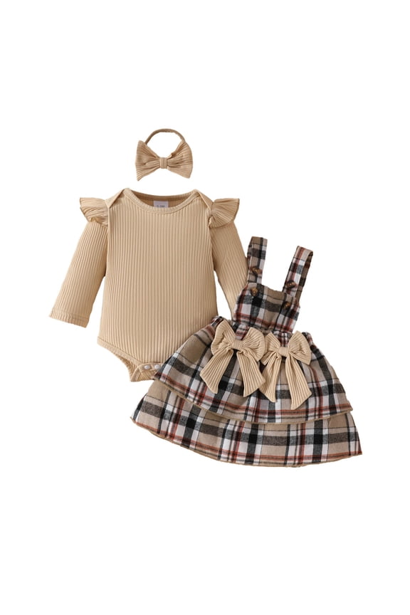 Toddler Baby Girl Fall Winter Outfit Set Plaid Romper Dress Ruffles Skirt Long Sleeve Clothes Jumpsuit with Bow Headband 0-3 Months,Khaki