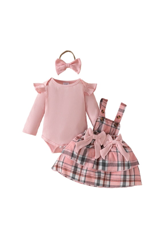 Toddler Baby Girl Fall Winter Outfit Set Plaid Romper Dress Ruffles Skirt Long Sleeve Clothes Jumpsuit with Bow Headband 9-12 Months,Red