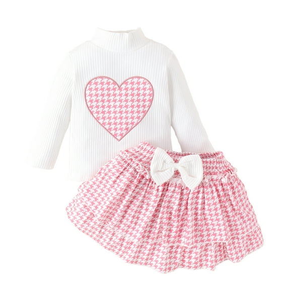 Toddler Baby Girl Fall Winter Outfit Turtleneck Kitted Sweater Top Plaid Layered Skirt Sets Love Heart Clothes 12M-5Y