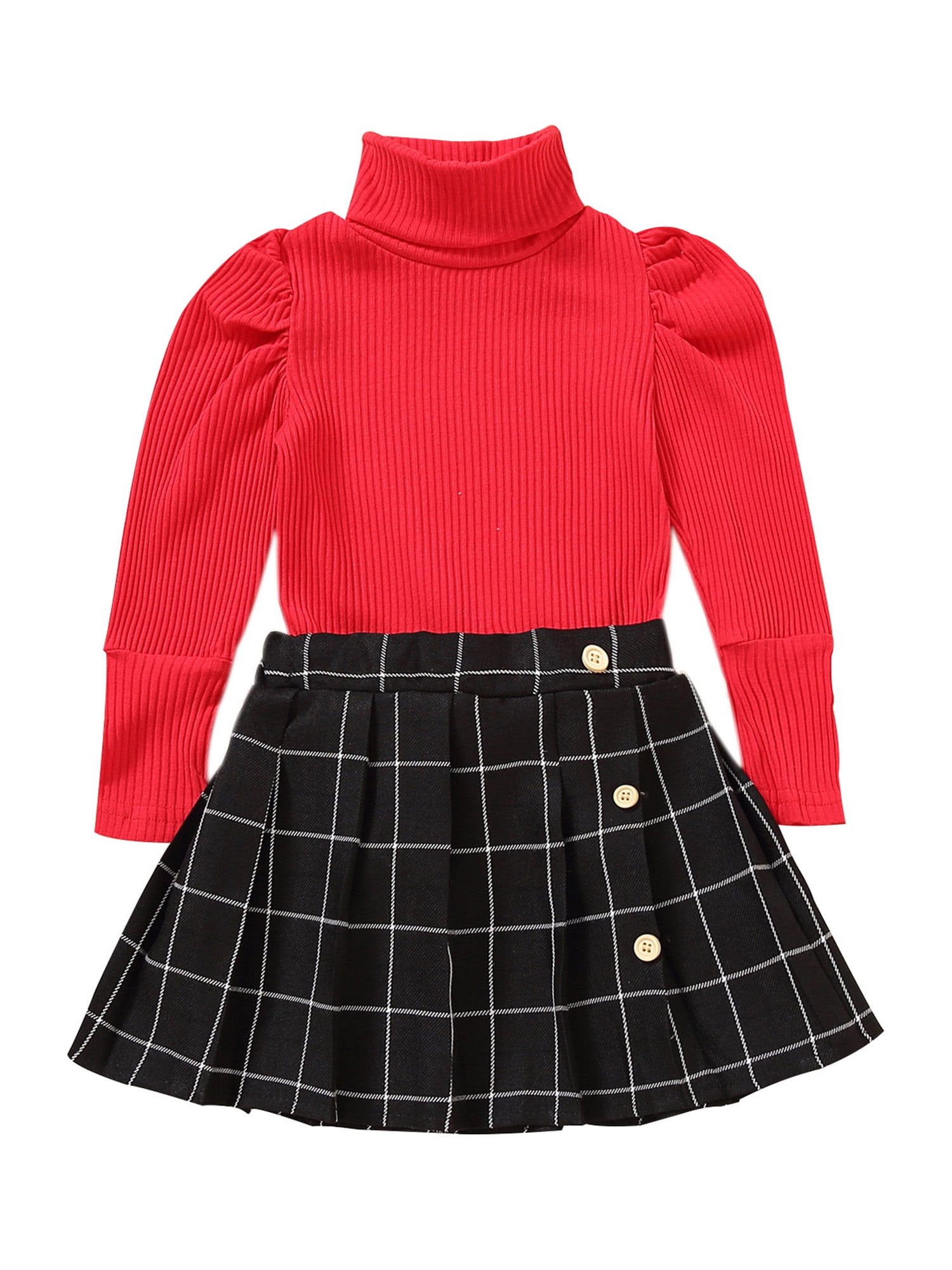Gwiyeopda Toddler Girls Outfits Turtleneck Long Sleeve Knitted Tops + Preppy  Style Plaid Mini Pleated Skirt Cute Set 