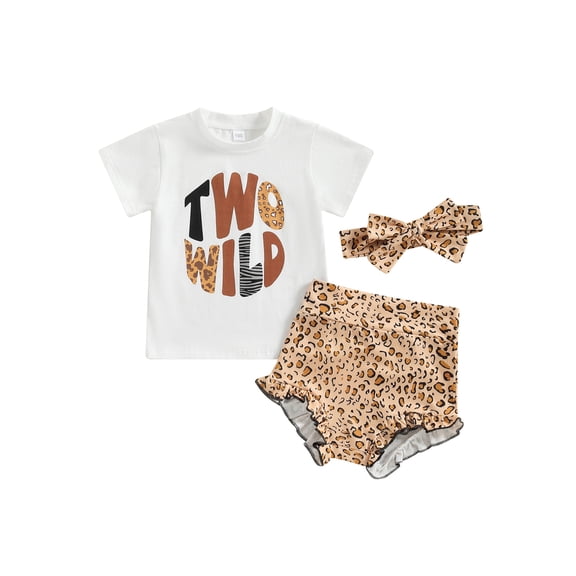 Toddler Baby Girl First Birthday Outfit Wild One/Two Short Sleeve Sweatshirt Shirt Top Ruffle Shorts Headband Clothes Set