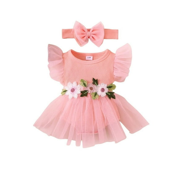Toddler Baby Girl Floral Belt Flutter-Sleeved Mesh Romper   Headband Clothes Set Infant Clothes