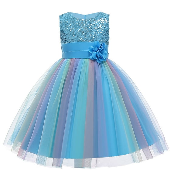 Toddler Baby Girl Flower Sequin Round Neck Sleeveless Dresses Rainbow Mesh Princess Dress Tutu Evening Dress