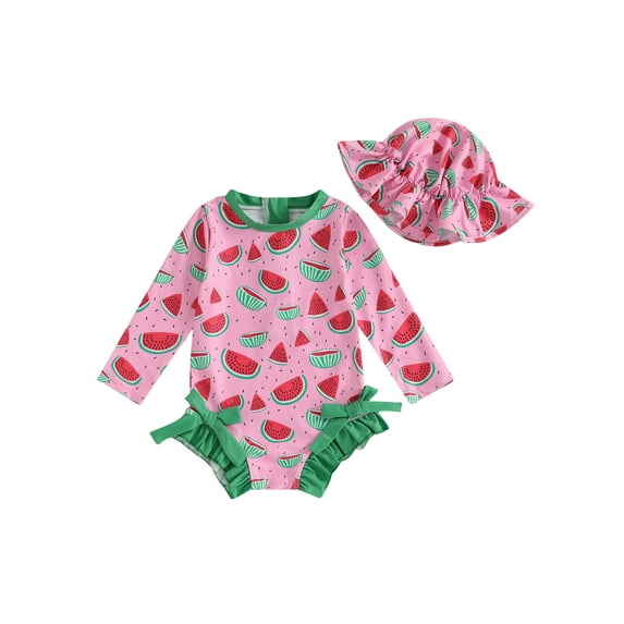 Toddler Baby Girl Fruit Swimsuit Strawberry/Watermelon Print Bow Ruffle Long Sleeve Swimwear Infant Newborn Rash Guard Bathing Suit