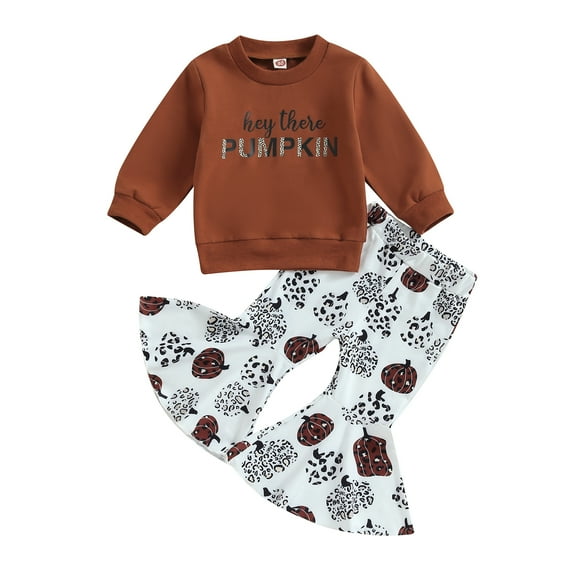 Toddler Baby Girl Halloween Clothes Letters 6M 12M 18M 24M 3Y 4Y Sweatshirt  Pumpkin Bell Bottoms Pants Set Fall Winter Outfit