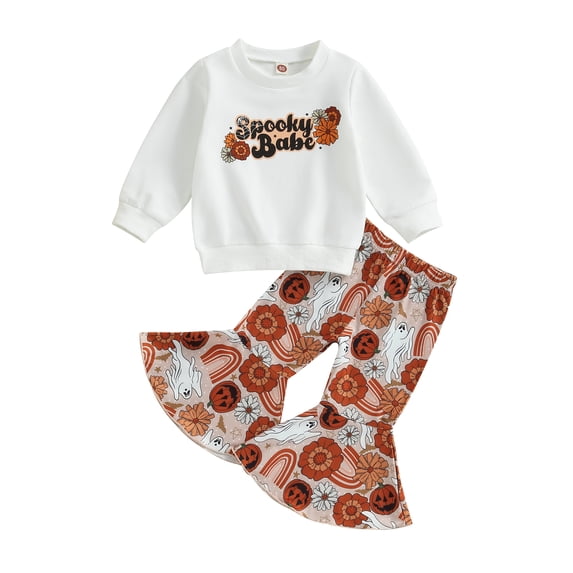 Toddler Baby Girl Halloween Clothes Long Sleeve Pumpkin Sweatshirt Tops Bell Bottom Pants Set Fall Winter Outfits