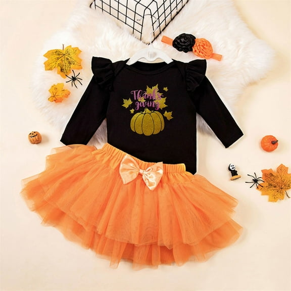 Toddler Baby Girl Halloween Clothes 𝐍ewborn Long Sleeve Romper Tops Tulle Tutu Skirt Sets 𝐈𝐧fant Girls 3Pcs Outfit