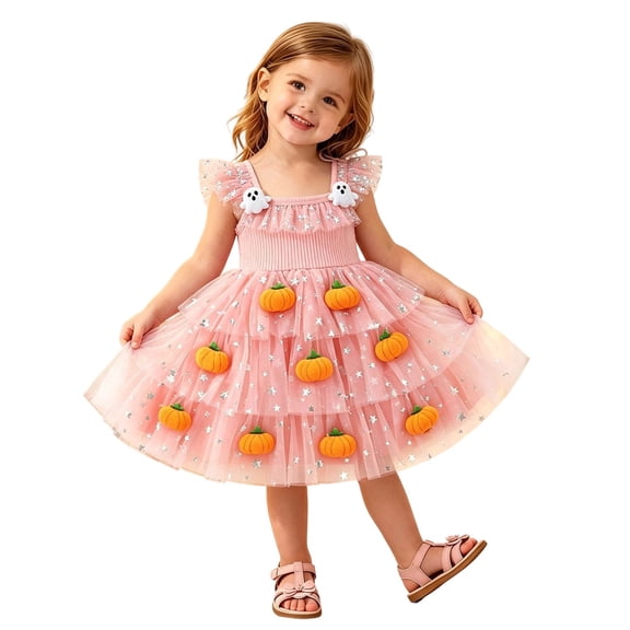 Toddler Baby Girl Halloween Dress Outfit Flying Sleeve 3D Pumpkin Ghost Decor Tulle Dress Party Dress