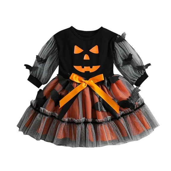 Toddler Baby Girl Halloween Outfit 6M 12M 18M 24M 3Y 4Y Pumpkin Bat Dress Long Sleeve Orange Tulle Tutu Skirt Cute Fall Clothes