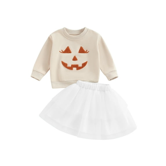 Toddler Baby Girl Halloween Outfit Pumpkin Embroidered Sweatshirt Tulle Tutu Skirt Set Kids Fall Winter Halloween Clothes