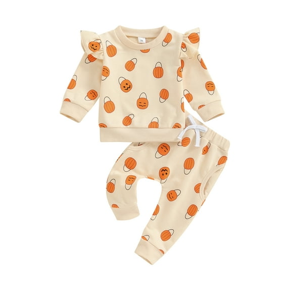 Toddler Baby Girl Halloween Outfit Pumpkin Ruffle Sweatshirt Pullover Tops Elastic Jogger Pants Set Fall Winter Clothes