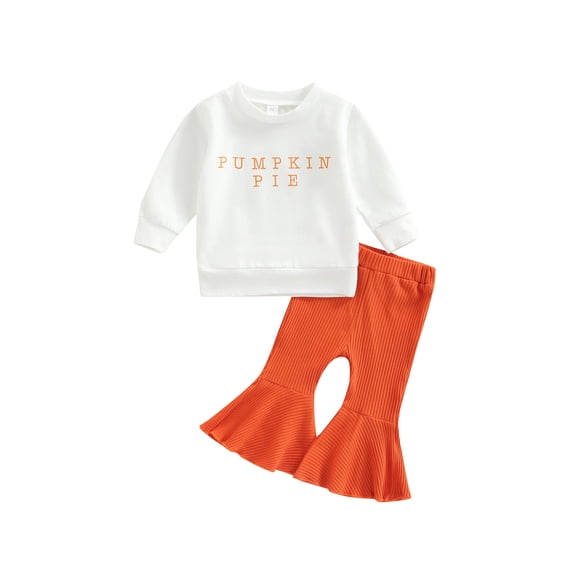 Toddler Baby Girl Halloween Outfit Pumpkin Sweatshirt Long Sleeve Shirts Tops Bell Bottoms Flare Pants Set Fall Winter Clothes