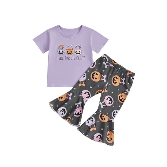 Toddler Baby Girl Halloween Outfits Pumpkin Bucket Print Short Sleeves T-Shirt and Elastic Flare Pants 6 12 18 Months 2T 3T 4T 5T Cute Fall Clothes Set