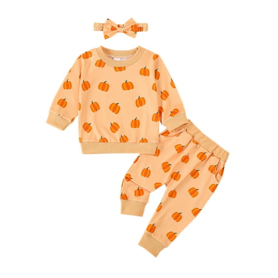 Toddler Baby Girl Halloween Outfits Pumpkin Long Sleeve Sweatshirts Jogger Pants Headband 3Pcs Fall Clothes Set 3M-3T