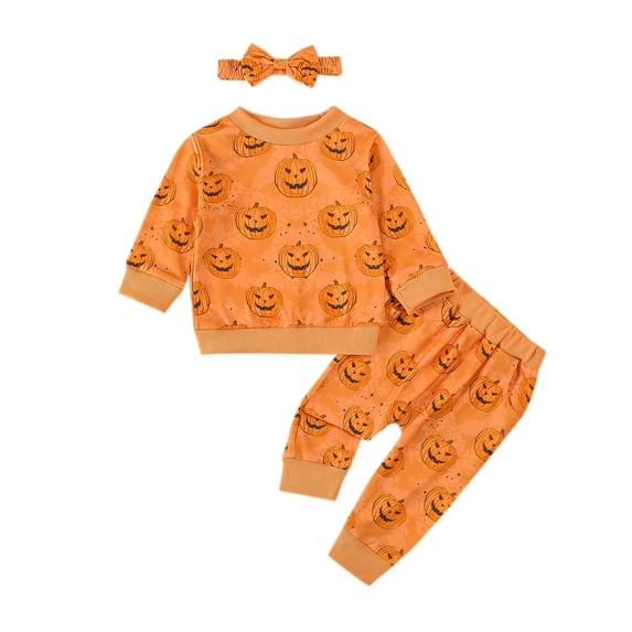 Toddler Baby Girl Halloween Outfits Pumpkin Long Sleeve Sweatshirts Jogger Pants Headband 3Pcs Fall Clothes Set 3M-3T