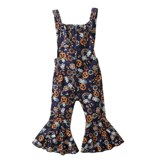 Toddler Baby Girl Halloween Pumpkin Flower Suspender Jumpsuit Romper Knotted Overalls Bell Bottom Pants Fall Clothes
