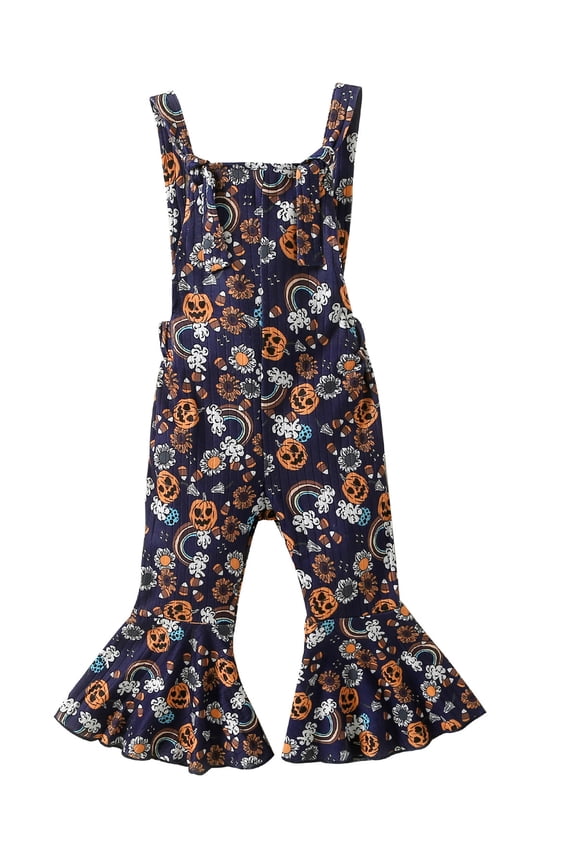 Toddler Baby Girl Halloween Pumpkin Flower Suspender Jumpsuit Romper Knotted Overalls Bell Bottom Pants Fall Clothes