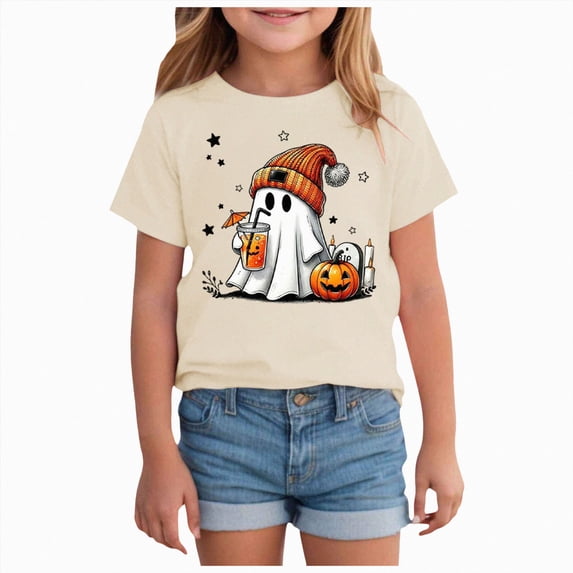 Toddler Baby Girl Halloween Shirt Kid Cute Bow Ghost T-Shirt Kids Short Sleeve Spooky Season Gift Tee Tops 7-8 Years Beige