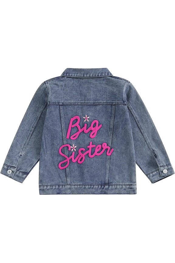 Toddler Baby Girl Jacket Big Lil Sister Letter Embroidery Jean Long Sleeve Cardigan Button Denim Coat