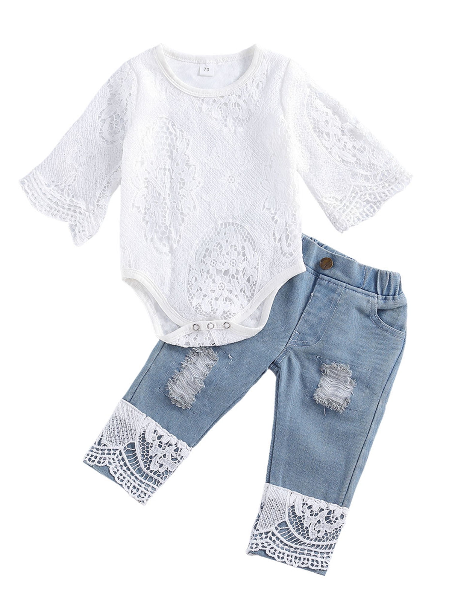 Toddler Baby Girl Jeans Clothes Set Puff Lace Long Sleeve Shirts