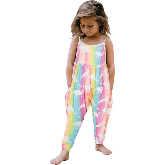 Toddler Baby Girl Jumpsuit One Piece Dinosaur Sleeveless Strap Romper Harem Pant with Pockets Summer Outfit Clothes