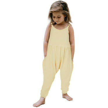 Toddler Baby Girl Jumpsuit One Piece Solid Color Sleeveless Strap Romper Harem Pant with Pockets Summer Outfit Clothes,Beige,90(1-2 Years)