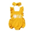 thumbnail image 1 of Toddler Baby Girl Jumpsuit Set Summer Letter Sun Print Ruffle Flying Sleeves Suspender Rompers and Headband, 1 of 9