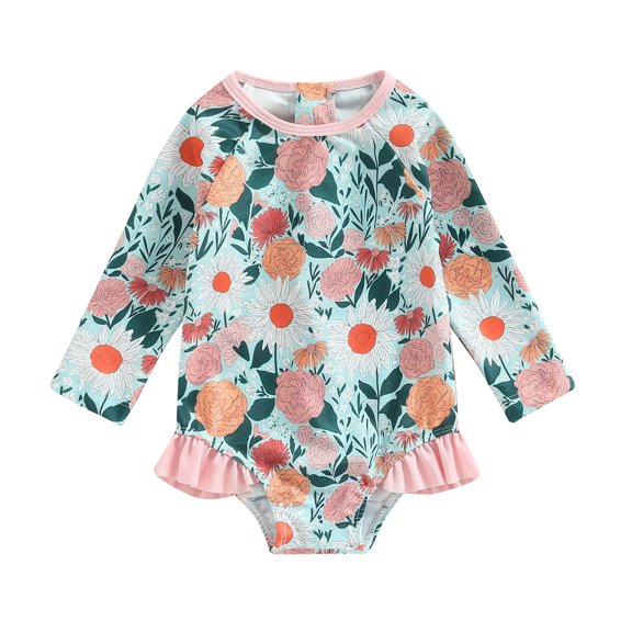 Toddler Baby Girl Jumpsuit Swimsuit, Flower Print Long Sleeve Round Neck Ruffle One Piece Bikini Bathing Suit 1-4Years Old