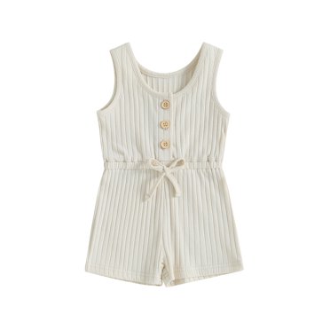 PatPat Kid Girl Button Design Sleeveless Belted Splice Romper Jumpsuit ...