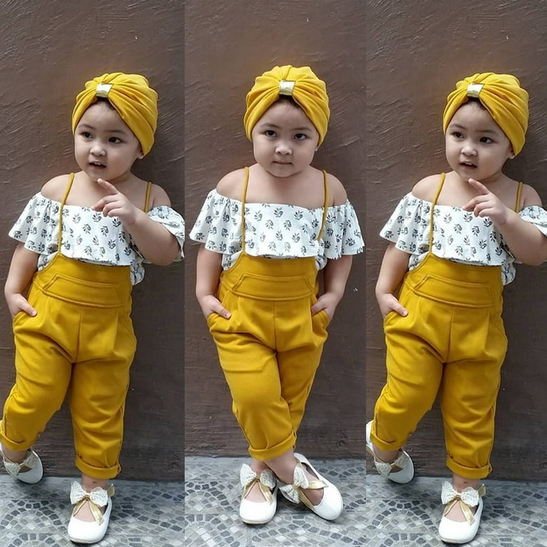 Toddler Baby Girl Kids Off Shoulder Tops+Long Pants Summer Clothes Outfit  3PCS Set Yellow 3-4 Years