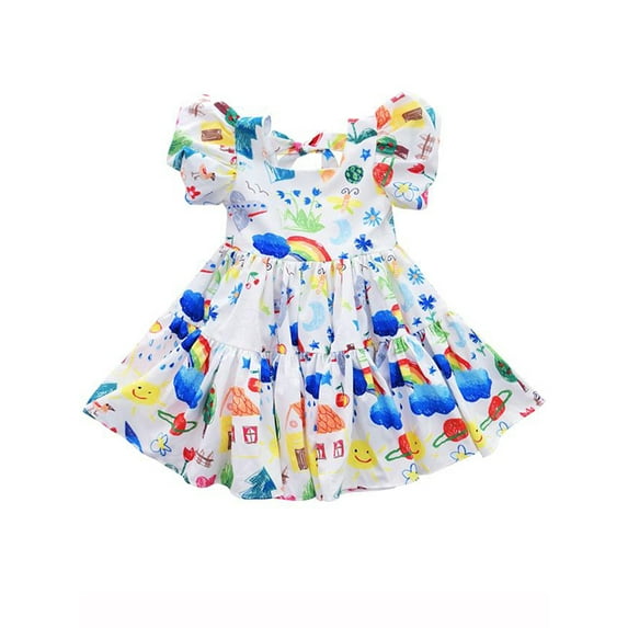 Toddler Baby Girl Kids Rainbow Party Princess Dress Puff Sleeve Sundress Clothes