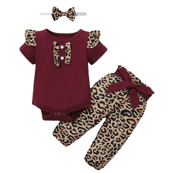 Toddler Baby Girl Leopard Pattern Round Neck Short Sleeve Romper   Pants   Headband 3PCS Infant Outfits