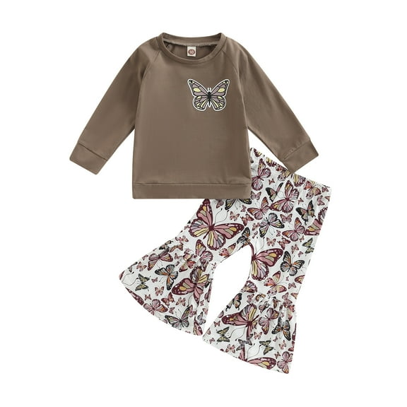 Toddler Baby Girl Long Pants Set Butterfly Print Long Sleeve T Shirt Tops + Flare Trousers 1T 2T 3T 4T 5T 6T Kids Casual Outfits