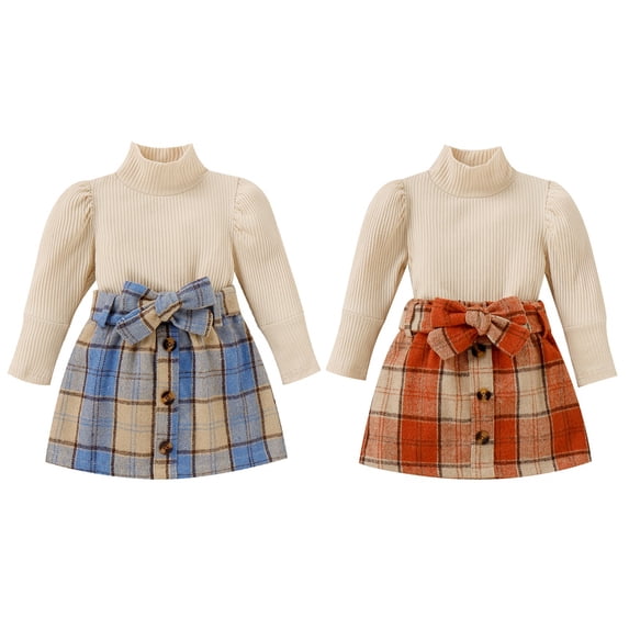 Toddler Baby Girl Long Sleeve High Neck Knit Shirt Sweater Tops Plaid Skirt Set Kids Fall Winter Outfits 6M-4T