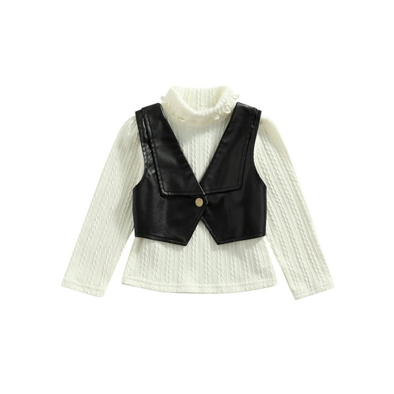 Toddler Baby Girl Long Sleeve Knitted High Collar Sweater Tops with Leather Vest 2Pcs Outfits Set