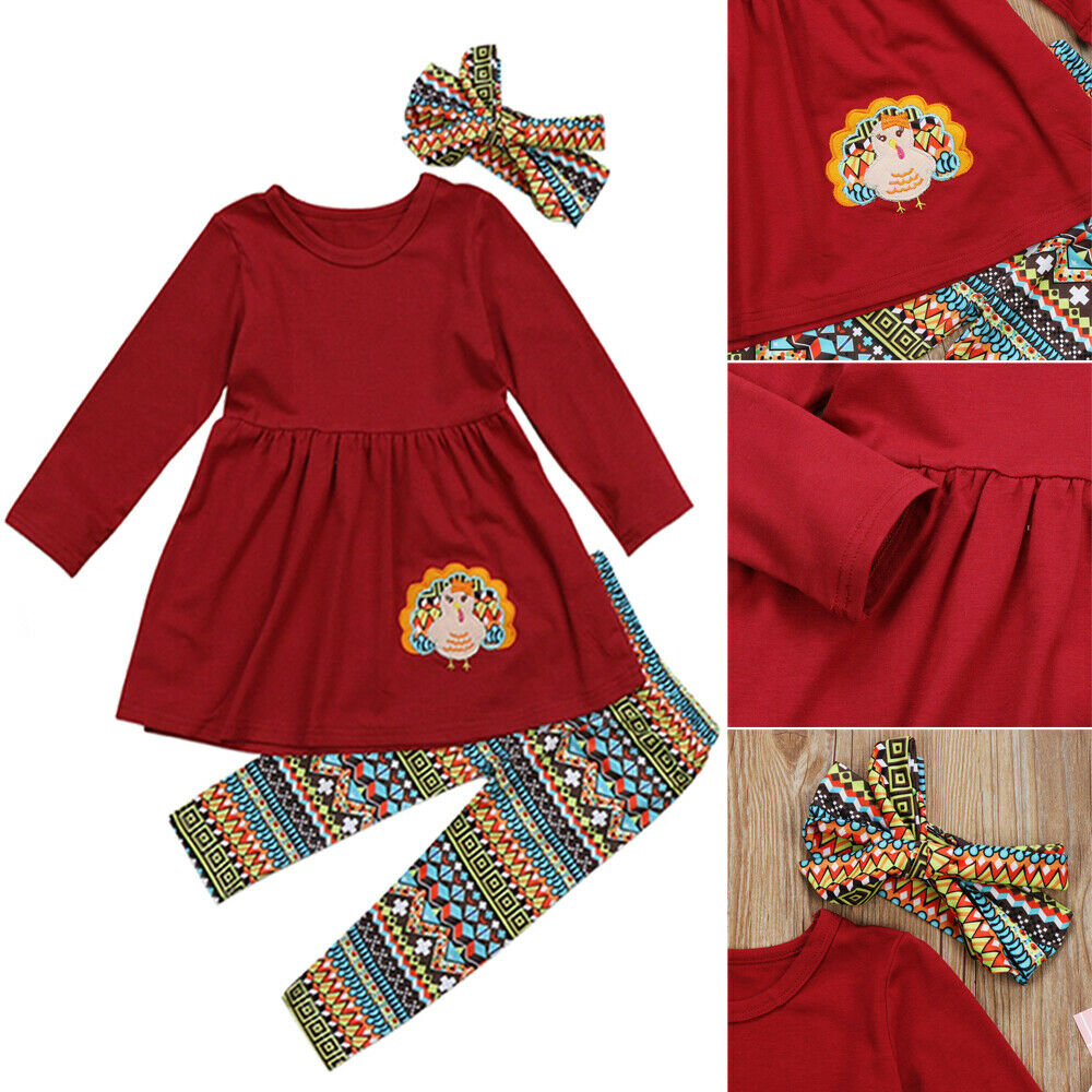 Toddler Baby Girl Long Sleeve Tops Dress+Turkey Legging Thanksgiving