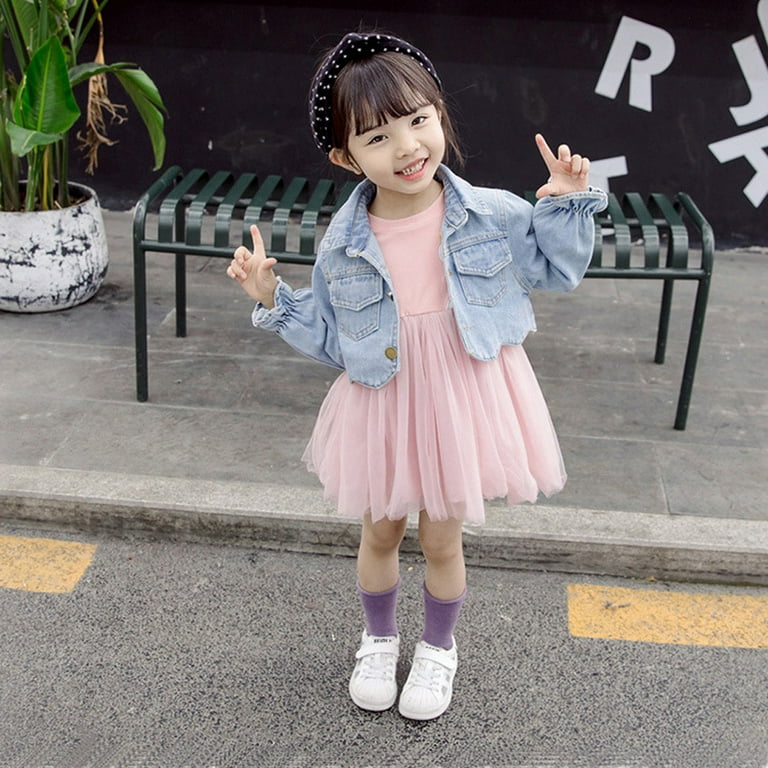 Toddler Baby Girl Long Sleeve Tulle Dress +Swan Print Denim Jacket Outfits  Sets CHMORA