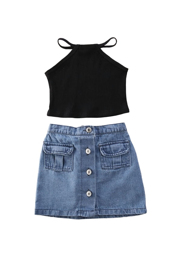 Toddler Baby Girl Off Shoulder Halter Tops Camisole Crop Top Shirts Denim Mini Skirty Summer Outfit Set