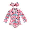 thumbnail image 1 of Toddler Baby Girl One-Piece Swimsuit 6M 9M 12M 18M 24M Floral/Flamingo Print Zipper Long Sleeve Ruffled Swimwear Bathing Suit, 1 of 10
